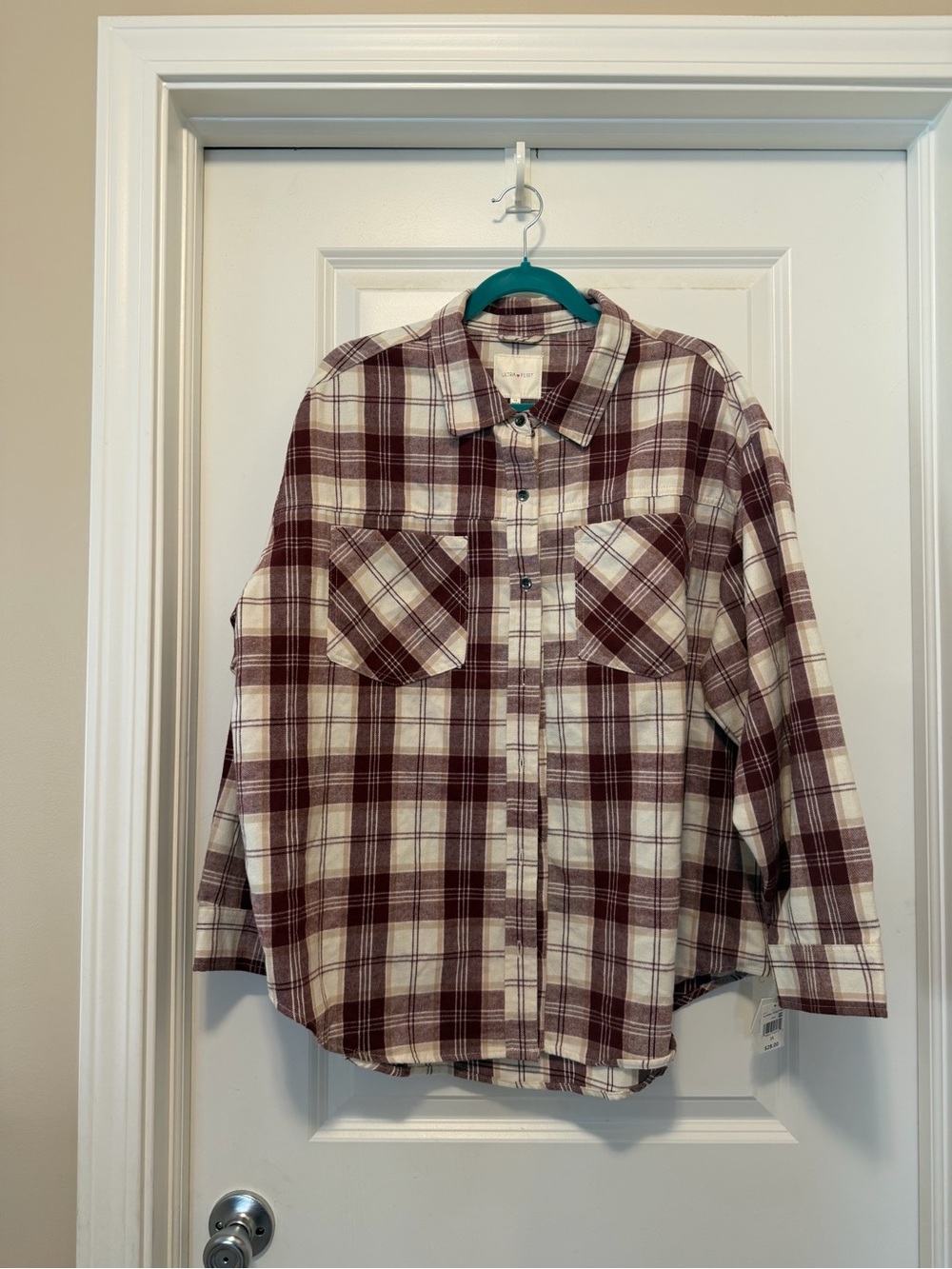 Ultra Flirt Burgundy and Cream Plaid Button-Down Shirt
